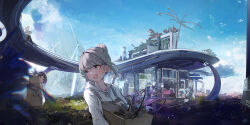 arient5888 black_hair blue_sky box box_stack bridge building carrying cloud colored_inner_hair commentary day dome english_commentary fang grey_eyes grey_hair grey_overalls hair_ornament hairclip highres holding holding_box holding_plant holographic_monitor hood hoodie long_hair long_sleeves looking_at_another looking_back multicolored_hair multiple_girls open_mouth original outdoors overalls plant purple_eyes purple_hair scenery science_fiction short_hair sidelocks sitting sky smile solo_focus standing sweatdrop talking topknot walking white_hoodie wind_turbine windmill