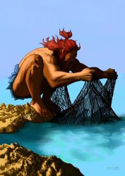 1boy akuma_(street_fighter) barefoot beard blue_fundoshi capcom commentary dark-skinned_male dark_skin english_commentary facial_hair fishing fishing_net fundoshi highres japanese_clothes male_focus medium_hair muscular muscular_male no_pupils nose ocean red_eyes scar scar_on_arm slice_of_life solo squatting street_fighter street_fighter_6 toes topknot topless_male walter_trono water