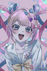 Rule 34 | 1girl, :d, aegyo sal, blonde hair, blue eyes, blue hair, blue serafuku, bow, chest bow, chouzetsusaikawa tenshi-chan, colored tips, glitch, hair bow, head tilt, highres, looking at viewer, multicolored hair, multiple hair bows, needy girl overdose, nurimas, open mouth, pink hair, quad tails, reno (re leno), school uniform, serafuku, smile, solo, sparkling eyes, teeth, upper body, upper teeth only