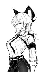 1girl armband breasts chest_harness closed_mouth collared_shirt commentary cowboy_shot curled_horns english_commentary gindaagi greyscale hair_between_eyes harness high-waist_pants highres horns large_breasts looking_at_viewer monochrome necktie pants shirt shirt_tucked_in simple_background sketch solo tight_clothes tight_pants white_background wuthering_waves zani_(wuthering_waves)