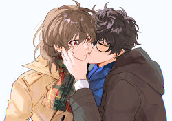 Rule 34 | 2boys, akechi gorou, amamiya ren, black coat, black hair, blue scarf, brown hair, closed eyes, closed mouth, coat, curly hair, fsmaichobpeg0, glasses, hand on another&#039;s head, highres, light blush, male focus, medium hair, multiple boys, persona, persona 5, red eyes, scarf, short hair, simple background, white background, winter clothes, yaoi, yellow coat