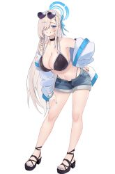 Rule 34 | 1girl, absurdres, asuna (blue archive), bikini, black bikini, black choker, blonde hair, blue archive, blue eyes, blue halo, blue nails, bracelet, breasts, choker, collarbone, commentary, commission, denim, denim shorts, eyewear on head, full body, grin, hair over one eye, hair ribbon, halo, hand on own hip, highres, jacket, jewelry, large breasts, leaning forward, long hair, nakano kura, navel, open fly, pixiv commission, ribbon, sandals, shorts, simple background, smile, solo, stomach, swimsuit, thighs, transparent background, very long hair, white jacket