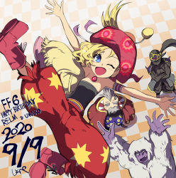 1girl bare_shoulders blonde_hair blue_eyes final_fantasy final_fantasy_brave_exvius final_fantasy_vi hat highres jewelry looking_at_viewer multiple_boys one_eye_closed open_mouth relm_arrowny shadow_(ff6) short_hair smile strago_magus strapless syope umaro