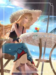 Rule 34 | 1girl, beach, bikini, bikini under clothes, blonde hair, blue sarong, breasts, brown hat, chair, closed mouth, crop top, cup, cynthia (pokemon), cynthia (summer 2025) (pokemon), flower, grey eyes, hair over one eye, hat, highres, long hair, navel, nintendo, official alternate costume, outdoors, palm tree, pokemon, pokemon masters ex, sakaralalala, sarong, shirt, sitting, sky, smile, solo, straw hat, sun hat, swimsuit, table, tied shirt, tree, umbrella, very long hair