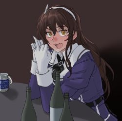1girl ashigara_(kancolle) ashigara_kai_ni_(kancolle) black_legwear blush bottle brown_eyes brown_hair commentary_request dated drunk fake_horns female_focus gloves hairband highres horned_headwear horns kantai_collection long_hair looking_at_viewer military military_uniform nose_blush solo sozan table twitter_username upper_body wavy_hair white_gloves