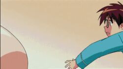animated animated_gif bouncing_breasts breasts brown_hair bursting_breasts cleavage face_to_breasts glasses large_breasts lowres mahoromatic shikijou_saori
