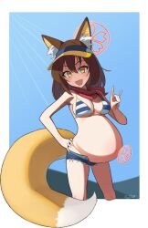 Rule 34 | 1girl, :d, animal ear fluff, animal ears, bikini, blue archive, breasts, brown hair, cg3p, cleavage, cropped legs, cutoffs, denim, denim shorts, fang, fox ears, fox girl, fox shadow puppet, fox tail, halo, hand on own hip, izuna (blue archive), izuna (swimsuit) (blue archive), long hair, looking at viewer, medium breasts, micro shorts, navel, open mouth, outside border, pink halo, pregnancy halo, pregnant, red scarf, scarf, shorts, smile, solo, striped bikini, striped clothes, swimsuit, tail, visor cap, yellow eyes