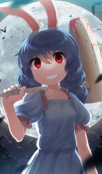 1girl ambiguous_red_liquid animal_ears bat_(animal) blue_hair blurry breasts collarbone depth_of_field full_moon grin hand_up highres holding holding_mallet kine long_hair looking_at_viewer low-tied_long_hair mallet monosenbei moon night night_sky puffy_short_sleeves puffy_sleeves rabbit_ears red_eyes seiran_(touhou) short_sleeves sky small_breasts smile solo touhou upper_body