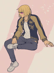 1boy blonde_hair cigarette fate/grand_order fate_(series) full_body grey_shoes invisible_chair jewelry long_sleeves male_focus necklace pants sakata_kintoki_(animejapan_2024)_(fate) sakata_kintoki_(fate) shirt shoes short_hair sitting smoke smoke_trail smoking sneakers solo sunglasses torn_clothes torn_pants white_shirt zanshi
