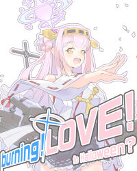 Rule 34 | 1girl, :d, absurdres, alternate costume, alternate hairstyle, black skirt, blue archive, blunt bangs, burning love (phrase), commentary, cosplay, detached sleeves, english commentary, english text, falling petals, hair bun, halo, highres, kantai collection, kongou (kancolle), kongou (kancolle) (cosplay), long hair, looking at viewer, machinery, mika (blue archive), miniskirt, nontraditional miko, open mouth, petals, pink hair, pink halo, pleated skirt, ribbon-trimmed sleeves, ribbon trim, rigging, sam szero, sidelocks, simple background, single side bun, skirt, smile, solo, touyama nao, voice actor connection, white background, wide sleeves, yellow eyes