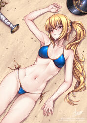 Rule 34 | 1girl, adsouto, arm up, beach, bikini, blonde hair, blue bikini, breasts, collarbone, helmet, highres, long hair, looking at viewer, luciana de montefio, lying, medium breasts, navel, on back, red eyes, sand, side-tie bikini bottom, side ponytail, signature, solo, swimsuit, unworn headwear, unworn helmet, variant set, very long hair, zenless zone zero