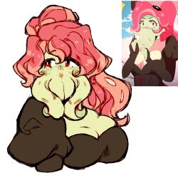 Rule 34 | 1girl, black dress, breasts, cthulhu mythos, derivative work, dress, highres, large breasts, ln&#039;eta, long hair, looking at viewer, looking to the side, pink eyes, ponytail, screenshot redraw, sucker for love, tentacle mouth, unusual-economist-93