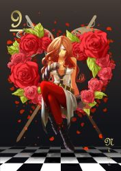 00s 1girl armor beatrix belt breasts brown_hair checkered_floor cleavage crossed_legs drill_hair eyepatch female_focus final_fantasy final_fantasy_ix floor flower full_body heart highres holixholi large_breasts long_hair nail_polish one-eyed pantyhose petals red_pantyhose rose rose_petals sitting sleeveless solo