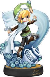 1boy amiibo black_eyes blonde_hair boots brown_boots brown_shirt cape commentary english_commentary faux_figurine full_body green_hat green_tunic hat j-stein jar link long_sleeves male_focus nintendo pointy_ears shirt short_hair sidelocks signature the_legend_of_zelda the_legend_of_zelda:_the_minish_cap toon_link transparent_background tunic white_cape winged_footwear
