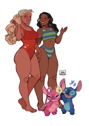 Rule 34 | 2girls, barefoot, bikini, black hair, blonde hair, breasts, character request, collarbone, dark-skinned female, dark skin, disney, grin, highres, kamii momoru, large breasts, lifeguard (lilo &amp; stitch), lilo &amp; stitch, long hair, looking at another, multiple girls, nani pelekai, one-piece swimsuit, red one-piece swimsuit, sharp teeth, simple background, smile, stitch (lilo &amp; stitch), stomach, striped bikini, striped clothes, swimsuit, teeth, white background