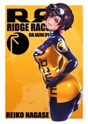 Rule 34 | 1girl, artist name, ass, black hair, black jacket, black pants, border, breasts, character name, commentary, copyright name, covered erect nipples, cropped legs, earrings, from side, goggles, goggles on head, hair between eyes, hands on own hips, highres, huge ass, jacket, jewelry, kainan, large breasts, lipstick, looking at viewer, looking to the side, makeup, nagase reiko, namco, outside border, pac-man (game), pants, parted lips, pink lips, pinky (pac-man), rage racer, ridge racer, shiny clothes, short hair, skin tight, smile, solo, standing, white border, yellow eyes, yellow jacket