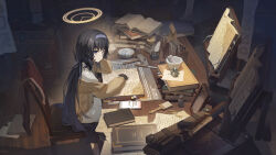1635919987 1girl absurdres black_hair blue_archive book brown_cardigan cardigan closed_mouth desk hairband highres indoors long_hair looking_at_viewer on_chair ponytail purple_eyes purple_hairband shirt sidelocks sitting skirt solo ui_(blue_archive) white_shirt white_skirt