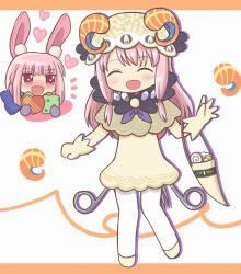 Rule 34 | 2girls, :d, ^ ^, animal ears, bad id, bad twitter id, blush, candy (madoka magica), chibi, closed eyes, cosplay, dress, facing viewer, full body, gloves, heart, holding, horns, long hair, magia record: mahou shoujo madoka magica gaiden, mahou shoujo madoka magica, multiple girls, open mouth, pantyhose, pink eyes, pink hair, rabbit ears, rebecca (madoka magica), reverse (bluefencer), sheep horns, shoes, sidelocks, smile, tamaki iroha, tamaki ui, white background, white pantyhose, yellow dress, yellow gloves, yellow shoes