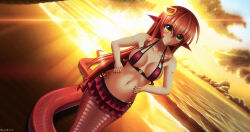 Rule 34 | 1girl, absurdres, artist name, beach, bikini, blacksaikou, blush, breasts, closed mouth, cloud, commentary, dutch angle, english commentary, frilled bikini, frills, full body, hair ornament, hairclip, highres, lamia, long hair, looking at viewer, medium breasts, miia (monster musume), monster girl, monster musume no iru nichijou, ocean, outdoors, pointy ears, red bikini, red hair, scales, smile, solo, sun, sunset, swimsuit, variant set, water, yellow eyes