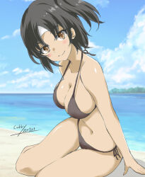 1girl beach bikini black_bikini black_hair blue_sky breasts brown_eyes cleavage cloud dated day gakky headband highres horizon kantai_collection medium_breasts nagara_(kancolle) ocean one-hour_drawing_challenge one_side_up outdoors side-tie_bikini_bottom sky smile solo swimsuit thigh_gap twitter_username white_headband