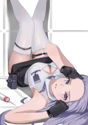 Rule 34 | 1girl, absurdres, arm up, armpits, bare arms, bare shoulders, belt pouch, black gloves, black skirt, blurry, breast pocket, breasts, cleavage, collared shirt, commentary request, commission, depth of field, downblouse, feet out of frame, forehead, gloves, hand up, highres, id card, iliu toa, korean commentary, large breasts, legs up, long hair, looking at viewer, lying, manpo, miniskirt, necktie, on back, open mouth, otometale, partially unbuttoned, pencil skirt, pocket, pouch, purple eyes, purple hair, purple necktie, second-party source, shirt, shirt tucked in, side slit, skirt, sleeveless, sleeveless shirt, solo, syringe, thigh strap, thighhighs, virtual youtuber, white background, white shirt, white thighhighs, zettai ryouiki