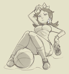 1girl 1up alternate_costume breasts crown earrings female_focus gloves highres jewelry long_hair mario_(series) mario_strikers_(series) mario_strikers_charged nintendo norasuko princess_daisy shoes shorts sitting sneakers socks solo striker_daisy super_mario_land wiping_sweat