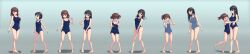 2girls absurdres black_eyes black_hair blue_one-piece_swimsuit breast_expansion breast_reduction breasts brown_eyes brown_hair cleavage closed_eyes commentary_request commission height_growth height_reduction highres large_breasts long_image medium_breasts medium_hair multiple_girls one-piece_swimsuit open_mouth original sakatsu_nikara school_swimsuit sequential short_hair skeb_commission small_breasts smile swimsuit transformation twintails wide_image