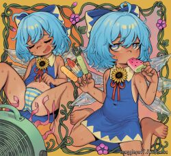 1girl ahoge bare_arms bare_shoulders barefoot blue_bow blue_dress blue_eyes blue_hair blue_panties bow cirno clothes_lift commentary covered_navel dress dress_lift eating electric_fan english_commentary fanbox_username fanning_self flower food food_in_mouth hair_bow highres holding holding_food holding_popsicle hot ice ice_wings large_bow lifting_own_clothes loli low-cut_armhole multiple_views navel paid_reward_available panties popsicle popsicle_in_mouth sitting sleeveless sleeveless_dress snugglepuff28 spread_legs striped_clothes striped_panties sunflower sweat tan tanned_cirno touhou two-tone_panties underwear wariza watermark watermelon_bar web_address wings