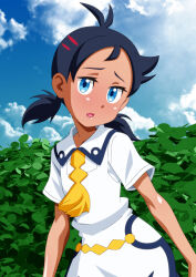 1boy antenna_hair black_hair blue_eyes bush carinae cloud collared_dress commentary_request crossdressing day dress goh_(pokemon) head_tilt highres looking_at_viewer male_focus nintendo open_mouth outdoors pokemon pokemon_(anime) pokemon_journeys school_uniform short_sleeves short_twintails sky solo trap twintails vermilion_city_school_uniform white_dress