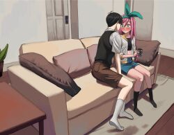 1boy 1girl \||/ antenna_hair arm_support aubrey_(faraway)_(omori) aubrey_(omori) black_hair black_shirt black_socks black_sweater_vest blue_skirt blush bow_hairband brown_shorts carpet collarbone commentary_request couch crop_top cup denim denim_skirt door face-to-face full_body green_eyes green_hairband hairband hetero highres holding holding_cup indoors jacket kneehighs knees_together_feet_apart long_hair looking_at_another midriff miniskirt no_shoes nose_blush omori on_couch open_clothes open_jacket parted_lips pillow pink_hair plant pocket potted_plant raised_eyebrows sailor_collar shirt short_hair shorts shousan_(hno3syo) sidelocks sitting skirt socks straight_hair sunny_(omori) sweater_vest table three-quarter_sleeves very_short_hair white_jacket white_shirt white_socks wooden_floor yellow_sailor_collar