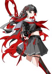 1girl black_hair black_serafuku black_shirt black_skirt chinese_commentary chisa_(wuthering_waves) commentary_request cropped_legs floating_hair hair_behind_ear hair_ribbon highres kirschma long_hair long_sleeves looking_up midriff navel neckerchief pleated_skirt red_eyes red_neckerchief red_ribbon ribbon sailor_collar school_uniform serafuku shirt simple_background skirt solo tacet_mark_(wuthering_waves) thigh_strap white_background white_sailor_collar wuthering_waves