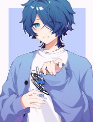 1boy absurdres blue_eyes blue_hair blue_jacket blush eyes_visible_through_hair grin hair_over_one_eye highres jacket jewelry male_focus milgram necklace sakurai_haruka_(milgram) shirt short_hair smile solo upper_body white_shirt yingwux1