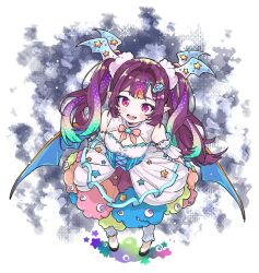 1girl bow brown_hair depp_(depp630609) detached_sleeves dress dress_bow eyeball frilled_dress frills gradient_hair hair_ornament highres long_hair looking_at_viewer monster_strike multicolored_hair nightmare_(monster_strike) open_mouth polka_dot_hair purple_eyes purple_hair star_ornament twintails wings