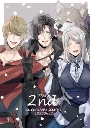 1girl 2boys anniversary beard black_hair blonde_hair brothers clive_rosfield dog facial_hair final_fantasy final_fantasy_xvi grey_fur grey_hair happy jill_warrick joshua_rosfield kiyomiya multiple_boys open_mouth scar scar_on_face siblings smile teeth torgal_(ff16) upper_teeth_only v