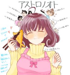 &gt;_&lt; 3girls 4boys ahoge apron astro_note black_hair blue_shirt brown_hair chibi chopsticks closed_eyes copyright_name dog eating facial_hair frying_pan glasses gotokuji_mira grey_hair hair_over_one_eye heart long_sleeves matsubara_teruko medium_hair miyasaki_takumi multiple_boys multiple_girls mustache pink_hair shirt simple_background sweater upper_body wakabayashi_ren wakabayashi_tomihiro white_background yamashita_shoukichi yellow_sweater yushi_ma1