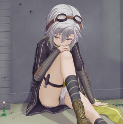 1girl against_wall boots denim denim_shorts eiyuu_densetsu fie_claussell flower goggles goggles_on_head green_eyes green_panties hair_between_eyes highres holster panties panty_peek parted_bangs scarf sen_no_kiseki sen_no_kiseki_(series) sen_no_kiseki_ii shirt short_hair shorts sitting socks thigh_holster thighs underwear white_hair witch_f