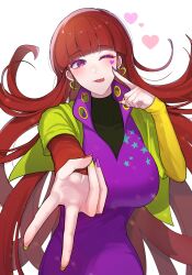 Rule 34 | 1girl, alternate hairstyle, blunt bangs, earrings, ganbin, gnosia, hair between eyes, hair down, heart, heart earrings, heart tattoo, highres, jewelry, long hair, long sleeves, looking at viewer, nail polish, red hair, simple background, smile, solo, sq (gnosia), tattoo, turtleneck, upper body