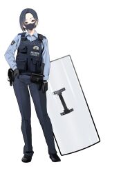 1girl absurdres black_eyes black_gloves black_hair black_pants black_shoes blue_shirt bulletproof_vest collared_shirt commentary_request full_body gloves hand_on_own_hip highres holster japan_national_police looking_at_viewer mask mouth_mask original pants police police_uniform policewoman pouch riot_shield samazuka_mashiro shield shirt shoes short_hair simple_background solo walkie-talkie watch white_background wristwatch