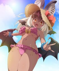 1girl animal_ears bat_ears bat_girl bat_wings bikini blue_sky breasts brown_eyes brown_hair brown_long-eared_bat_(kemono_friends) cleavage drias extra_ears grey_hair hat highres kemono_friends kemono_friends_v_project large_breasts long_hair looking_at_viewer multicolored_hair navel outdoors purple_bikini ribbon sky solo streaked_hair swimsuit virtual_youtuber wings