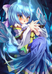 Rule 34 | 1girl, bare shoulders, blue hair, embarrassed, emil chronicle online, fireball, ghost, ghost girl, hair ribbon, hakama, highres, japanese clothes, open mouth, palms together, raised inner eyebrows, ribbon, wisp alma, yellow eyes, yupi828