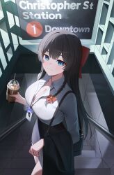 Rule 34 | 1girl, absurdres, bag, black bag, black hair, black skirt, blue eyes, blush, bow, braid, breasts, character charm, charm (object), cleavage, closed mouth, coffee, collarbone, collared shirt, commentary, cup, day, drinking straw, haedungi (shirayuki hina), hair bow, hair ornament, hand up, heart, heart hair ornament, high-waist skirt, highres, holding, holding cup, iced coffee, id card, indoors, lanyard, large breasts, long hair, long sleeves, looking at viewer, red bow, shirayuki hina, shirt, shirt tucked in, shoulder bag, single braid, skirt, solo, stairs, standing, stellive, thighs, very long hair, virtual youtuber, white shirt, wing collar, yireh