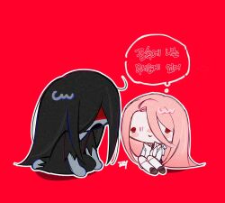 Rule 34 | 1boy, 1girl, bbabbamis2, black hair, black kimono, blood, blood on face, chibi, commentary request, heroine (homicipher), highres, homicipher, japanese clothes, kimono, korean commentary, korean text, long hair, mr. crawling, pink hair, raincoat, red background, red eyes, simple background, sitting, speech bubble, thought bubble, translation request, very long hair