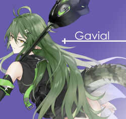 Rule 34 | 1girl, arknights, black dress, crocodilian tail, detached sleeves, dress, gavial (arknights), green hair, highres, holding, long hair, pointy ears, purple background, simple background, solo, suprii, tail, white background