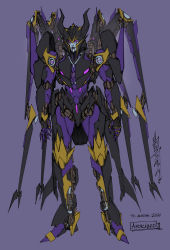 1girl airachnid alex_milne reference_sheet commentary decepticon english_commentary horns mecha no_humans official_art open_hands purple_background purple_eyes redesign robot science_fiction signature smile solo standing the_transformers_(idw) transformers