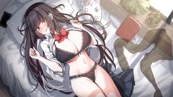 1girl absurdres artist_request bed black_bra black_hair black_panties black_skirt bow bowtie bra breasts bright_pupils check_artist cleavage clothes_lift collared_shirt colored_inner_hair commission embarrassed front-tie_bra front-tie_top hailiu hands_up highres korean_commentary lace lace-trimmed_bra lace-trimmed_panties lace_trim large_breasts long_hair looking_at_viewer lying mole mole_under_eye multicolored_hair navel on_back on_bed original panties pillow red_eyes rie_(mirae_yang) second-party_source shirt shirt_lift skirt solo stomach string_bra underwear unworn_skirt very_long_hair white_hair white_shirt