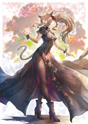 1girl animal_ears warrior_of_light_(ff14) blonde_hair blue_eyes boots bracelet breasts cat_ears cat_tail china_dress chinese_clothes cleavage cleavage_cutout clothing_cutout dress facial_mark final_fantasy final_fantasy_xiv fishnet_pantyhose fishnets high_heel_boots high_heels highres jewelry long_hair looking_at_viewer medium_breasts miqo&#039;te open_mouth pantyhose ponytail shukei side_slit solo standing tail two-sided_dress two-sided_fabric whisker_markings