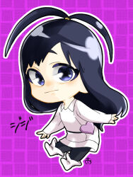 1boy :/ antenna_hair black_hair black_pantyhose bleach bleach:_sennen_kessen-hen blue_eyes boots chibi coat giselle_gewelle grid_background heart-shaped_bag male_focus onmizu outline pantyhose purple_background scrunchie solo white_boots white_coat white_outline yellow_scrunchie