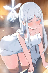 1girl absurdres bare_arms bare_shoulders blue_archive flower hair_flower hair_ornament highres long_hair looking_at_viewer mi_taro333 nagusa_(blue_archive) naked_towel onsen parted_bangs partially_submerged sidelocks solo towel white_eyes white_flower white_hair