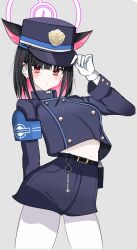 1girl animal_ears armband belt black_belt black_hair blue_archive blue_armband blue_shorts buttons cat_ears colored_inner_animal_ears colored_inner_hair cosplay double-breasted extra_ears gloves grey_background hakusimi_8943 halo hat highres kazusa_(blue_archive) looking_at_viewer multicolored_hair navel nozomi_(blue_archive) nozomi_(blue_archive)_(cosplay) pantyhose peaked_cap pink_hair pink_halo red_eyes shorts solo train_conductor two-tone_hair white_gloves white_pantyhose