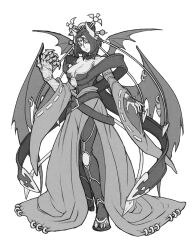 1girl bandai breasts cleavage concept_art demon_girl demon_horns demon_wings digimon digimon_story:_cyber_sleuth dress fingernails full_body gloves hair_ornament highres horns large_breasts lilithmon mark_of_evil medium_hair monochrome naughty_face official_art seven_great_demon_lords single_glove solo standing tattoo wide_hips wings